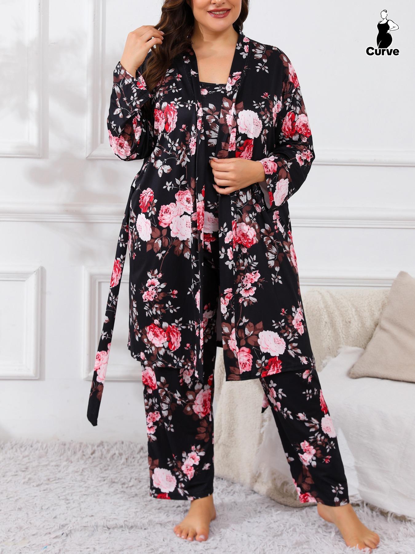Plus Size 3-Piece Set Floral Print Belted Lounge Robe & Cami Top & Elastic Waist Pants Pyjama Set, Elegant Comfy Women's Sleepwear for Spring & Fall