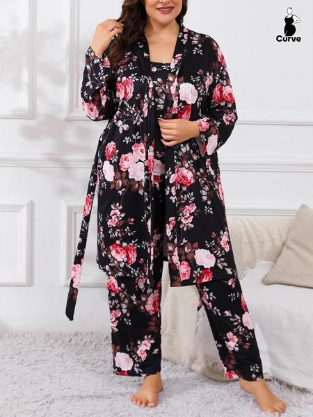 Plus Size 3-Piece Set Floral Print Belted Lounge Robe & Cami Top & Elastic Waist Pants Pyjama Set, Elegant Comfy Women's Sleepwear for Spring & Fall