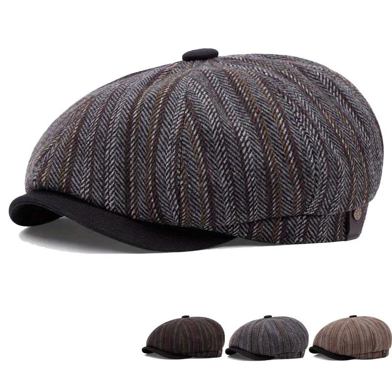 Fashion High Quality Luxury Navy Blue Herringbone Newsboy Cap Unisex Casual  Beret Octagonal Hat Detective Hats Retro Flat Cap