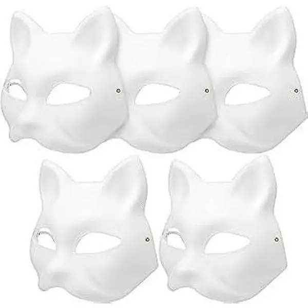 5 Pcs White Paper Cat Masks Blank DIY Hand Painted Halloween Masquerade Costume Cosplay Accessories(Gift)