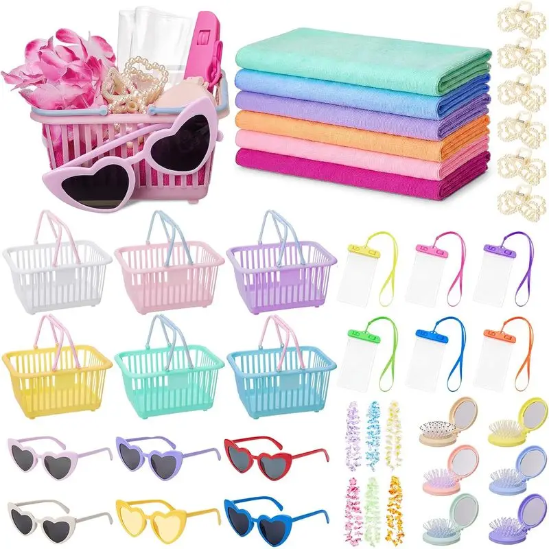 42 Pcs Pool Party Favors Set for Women Beach Bachelorette Gifts Bulk |   Sunset Summer Gift Set, Mini Baskets, Waterproof Phone Pouches, Heart Sunglasses, Towels, Hair Clips Hawaiian Leis and Combs