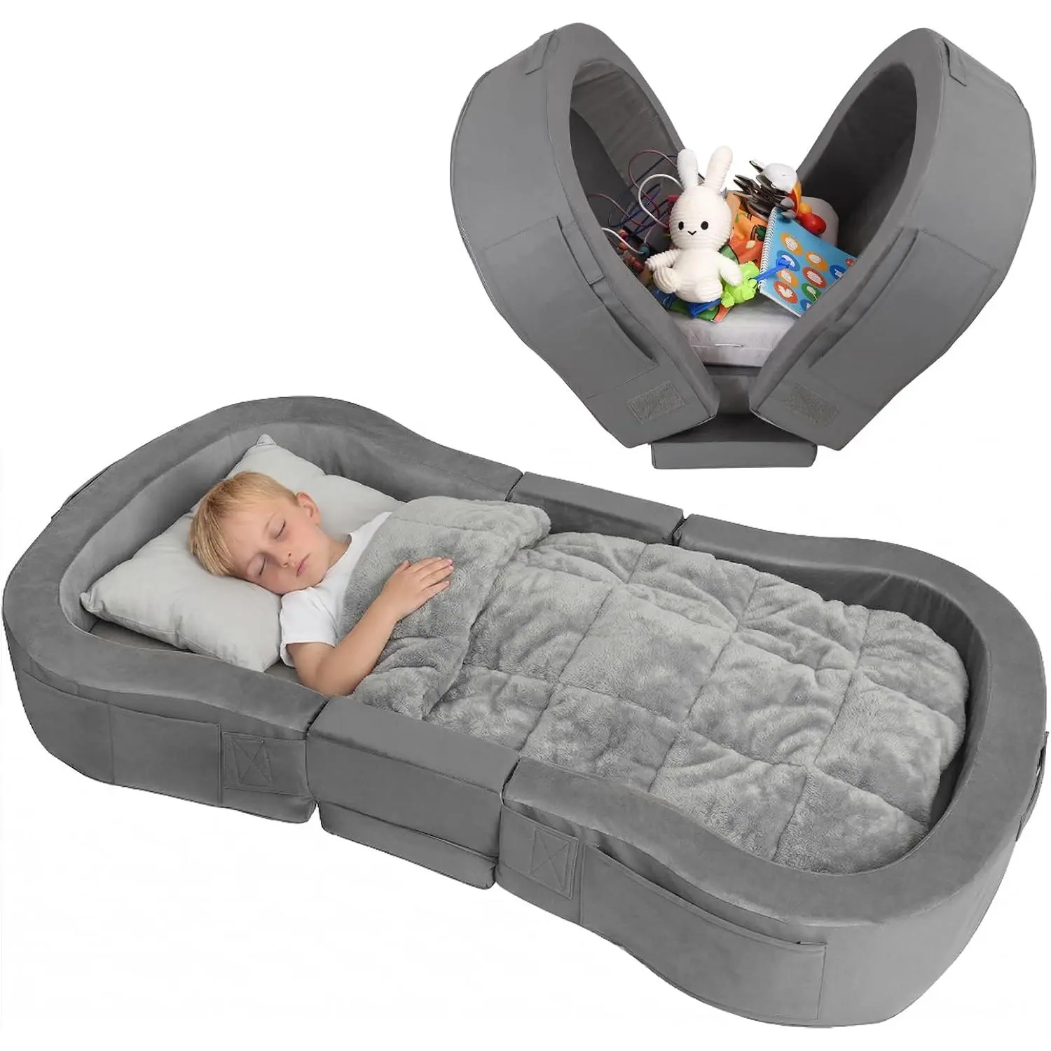 Portable Toddler Bed for Kids Ages 25 Months-48 Months, Foldable Floor Cot with Washable Cover, Portable for Camping & Home Use, Easy to Use, Dark Grey