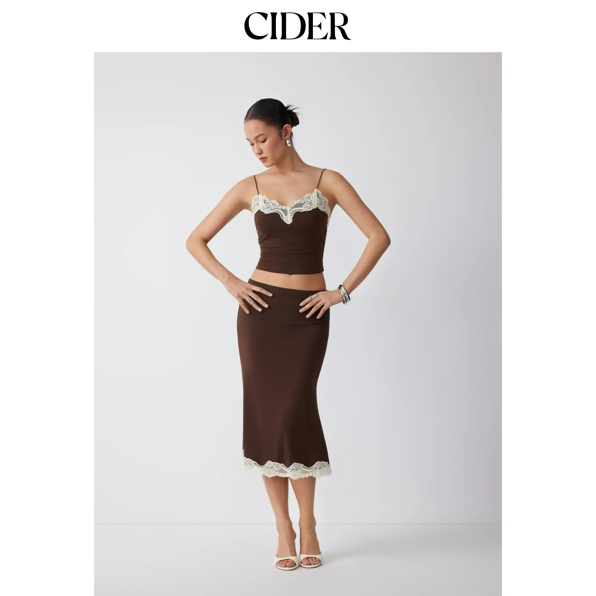 Cider Lace Trim V-neck Cami Top & Low Rise Midi Skirt Set