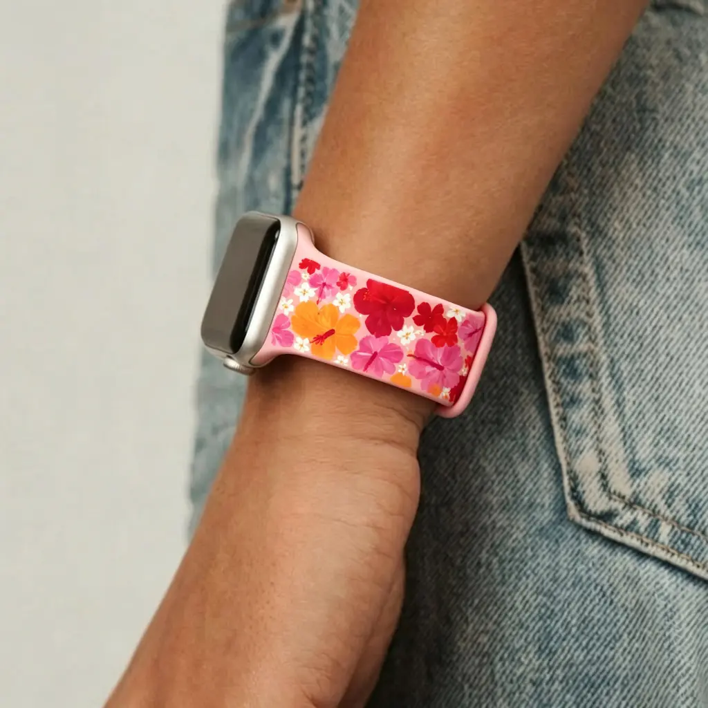 Silicone Watch Band with Tropical Flowers, Boho Waterproof Wearable Strap for Women with Adjustable Holes, Water Proof, Accessories