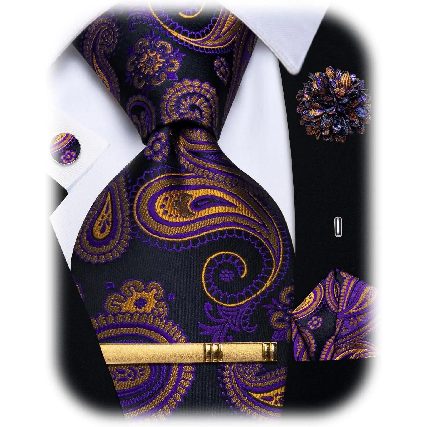 Silk Tie for Men Paisley Necktie Pocket Square Cufflinks Tie Clip Lapel Pin Brooch Set Wedding Business Party