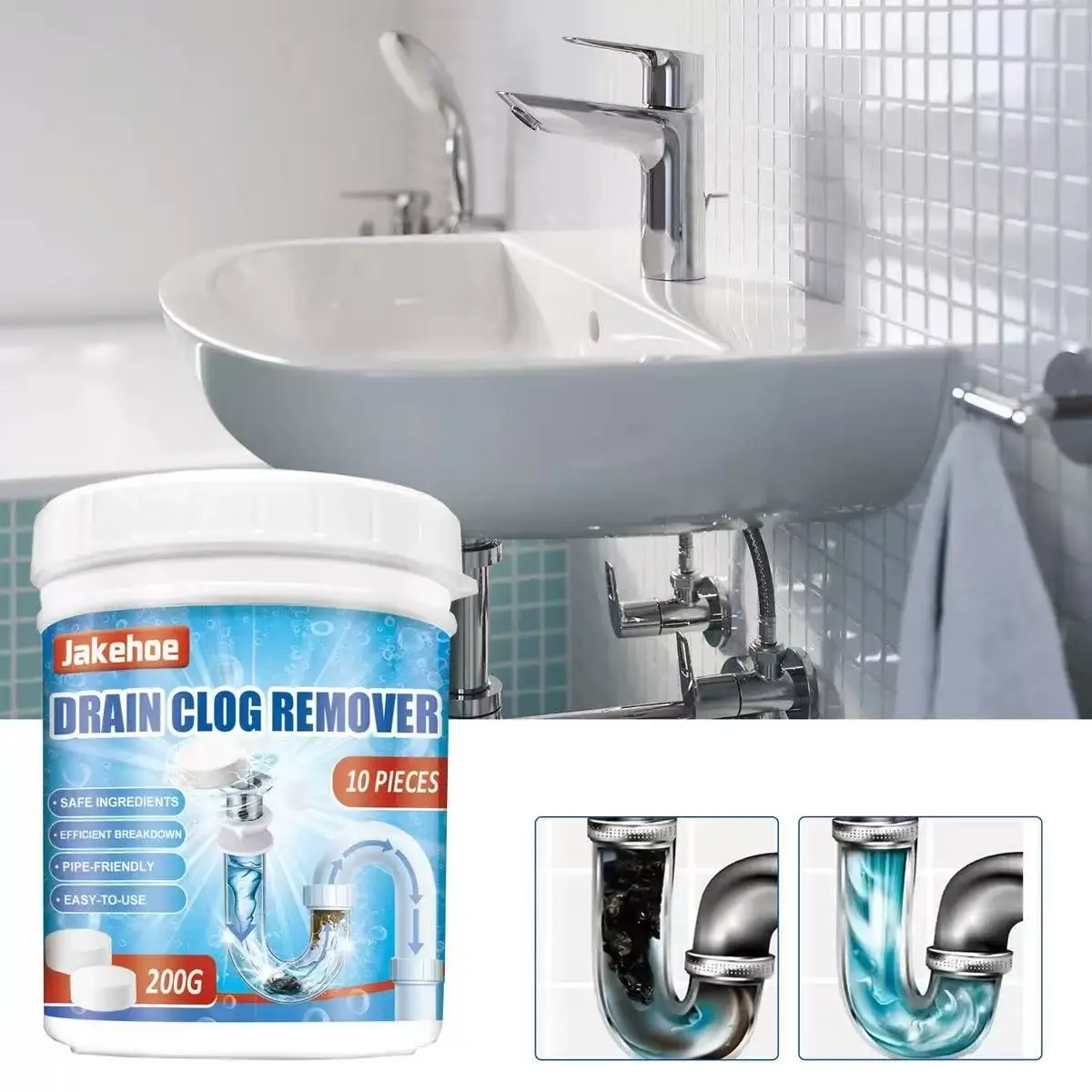 Jakehoe Pipe Cleaning Tablets, Kitchen Sink Toilet Drains Clog Remover, Odor Eliminator, 200g, Effective Drain Unblocker, Drain Cleaner Powder