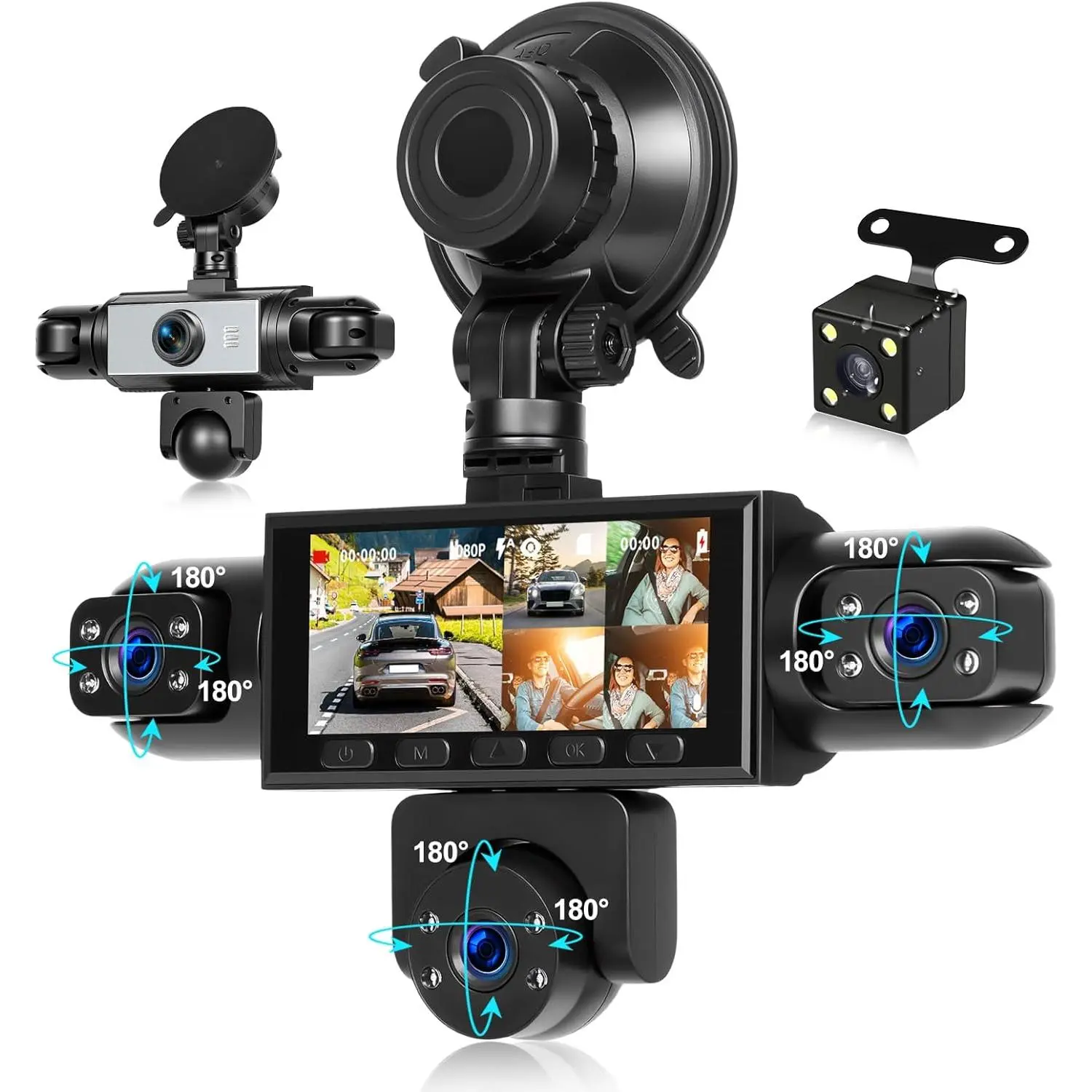 5-Lens Car Dashcam, 360° Wide Angle 3.16-Inch 1080P Car Camera with Loop Recording, Reversing Assistant, 24-Hour Monitoring, Easy Installation