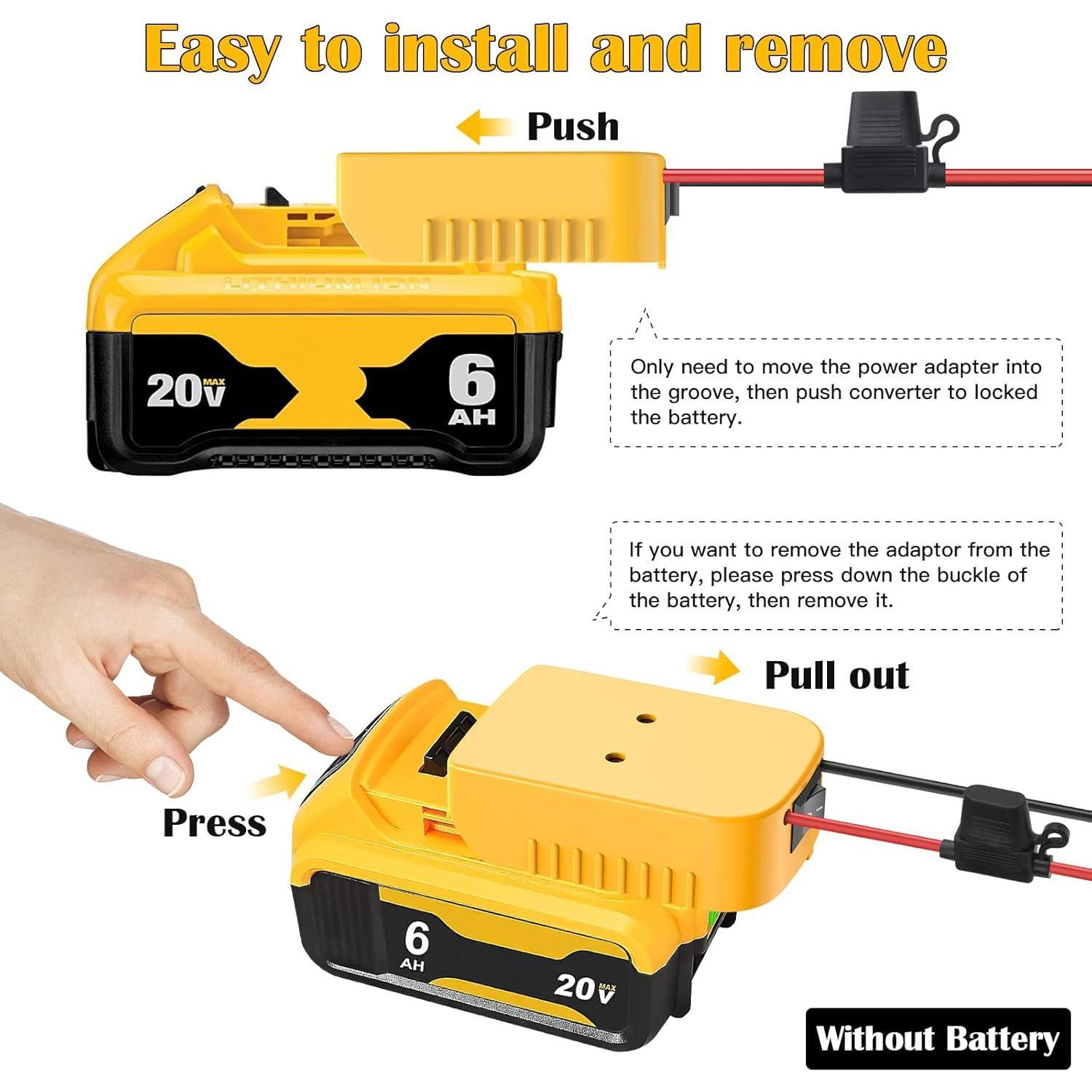 Dewalt 20V Lithium Shockproof Battery Adapter Kit - Max Output Current:20A, ABS Plastic, 12 AWG Wire, Switch, Fuse, Fuse Cap, Wire Terminals, Locking Battery Hold, 30A Overload Guard - Compatible with 18V Devices, Ride-On Toys - For DIY Projects