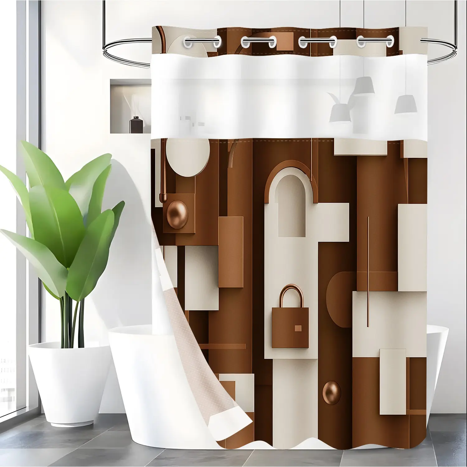 LVRLVR 1pc Neutral 3D Geometric Arch Bathroom Shower Curtain, Brown Beige Mid Century Modern Block Print, Sheer Top Window, Detachable Liner & No Hook C-Ring, 70.8" x 74"