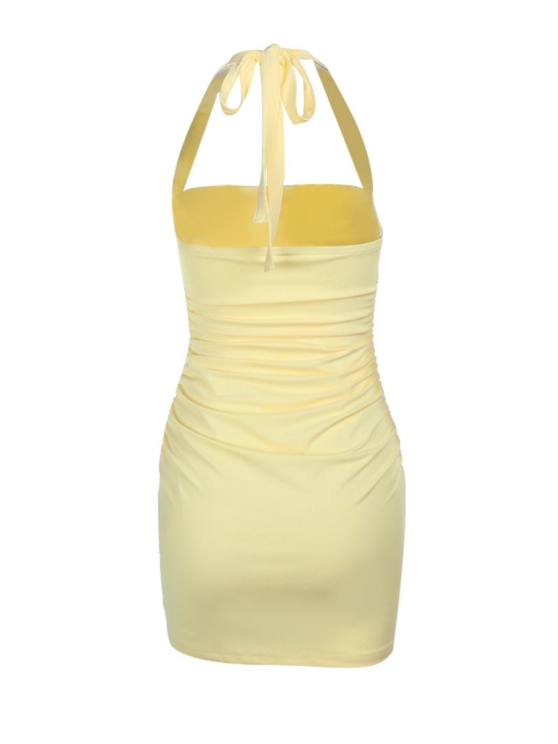 Women's Solid Ruched Tie Back Halter Dress, Bodycon Fit Dress, Fashion Casual Backless Sleeveless Dress for Party Club Dating Wear, Ladies Summer Clothes