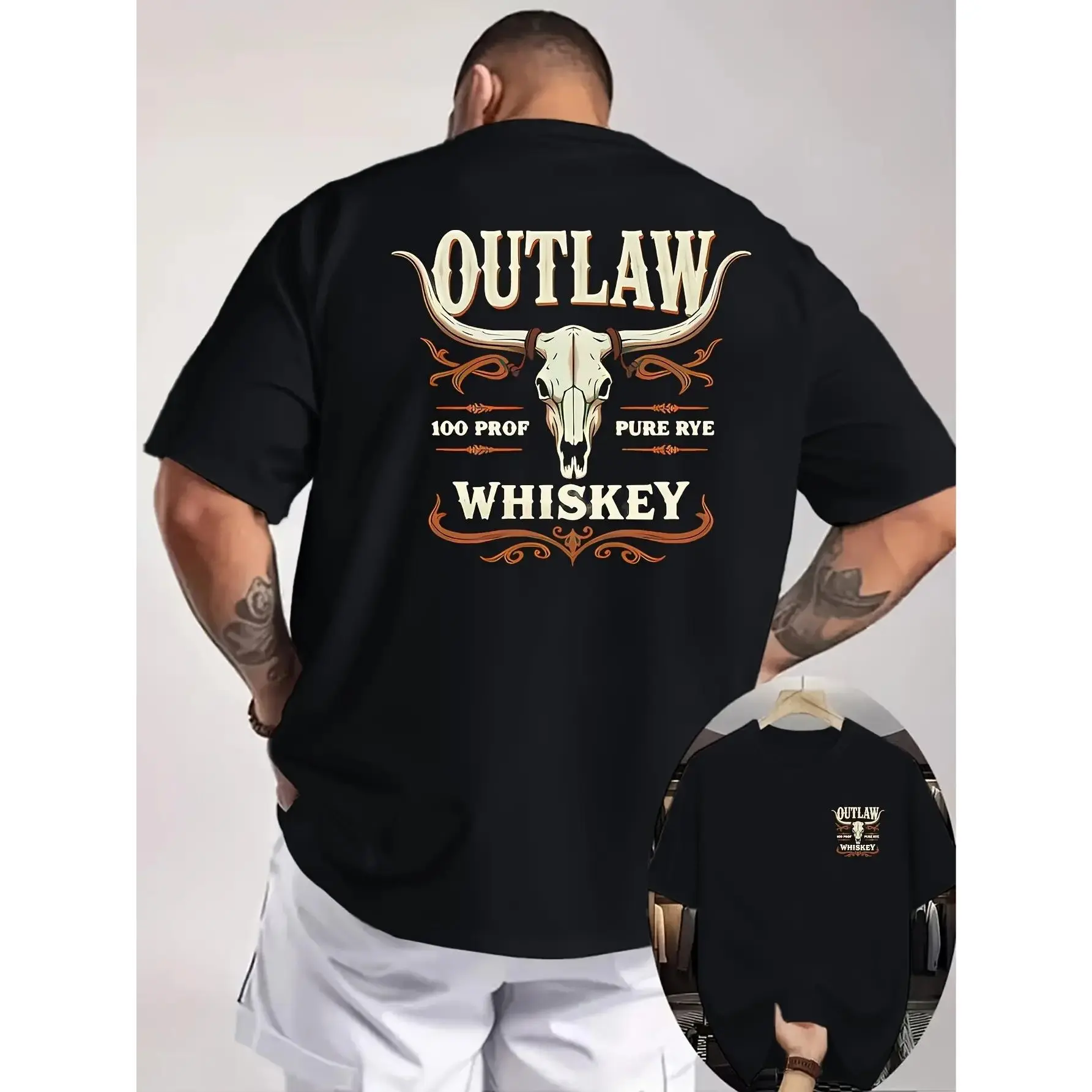 Men's Outlaw Whiskey Western 100 Cotton Graphic T-Shirt - Double-Sided Whiskey Art Print, Loose Fit Short Sleeve, Vintage Cowboy Style, All Seasons Cold Wash Casual Sports Top for Enthusiasts, 100 Cotton Clothing, Graphic Print