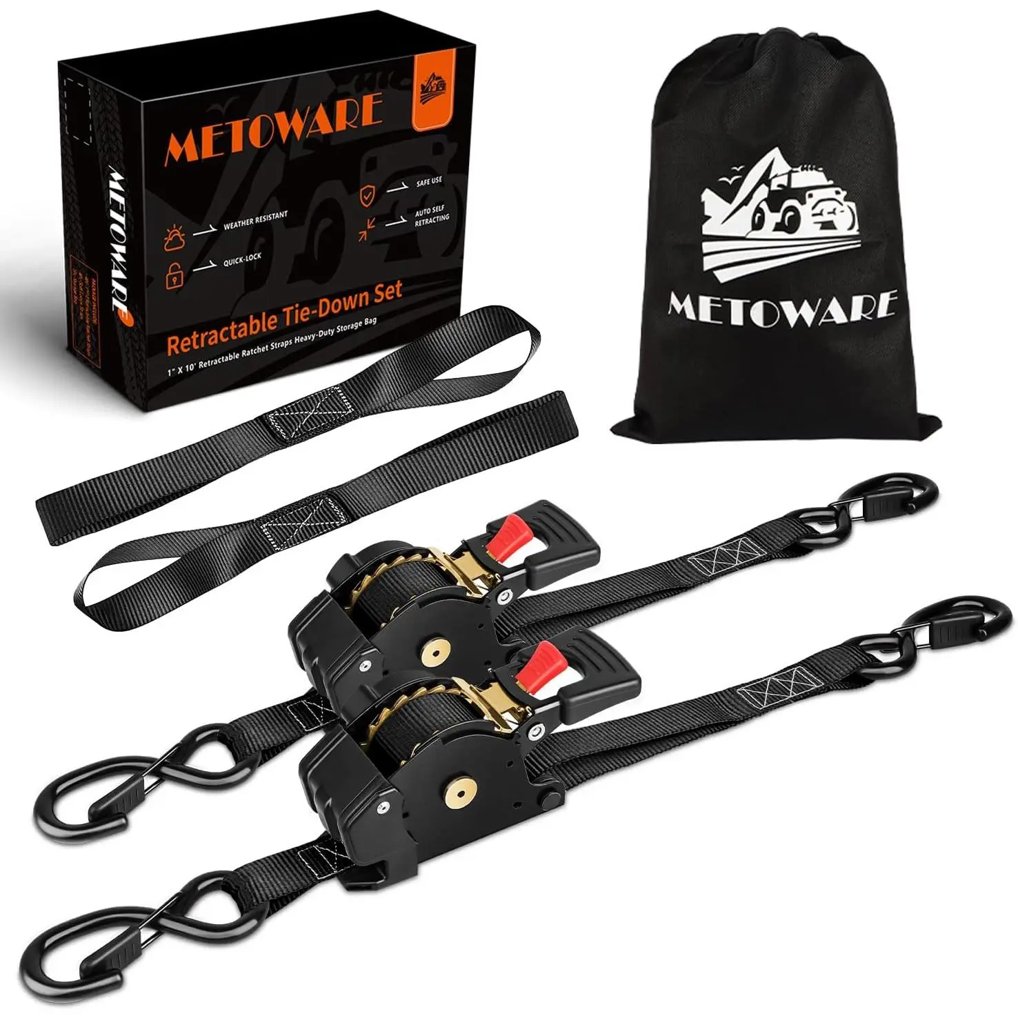 Retractable Ratchet Straps (2-Pack) - 1 in x 10 Ft, Black |   1500lb Break Strength, Duty Auto Self Retracting Straps, For Truck, Trailer, Cargo Van & Motorcycle