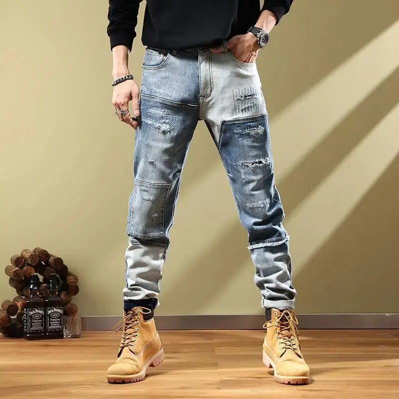 Washed Indigo Denim Jeans for Men, Vintage Straight Leg Selvedge Streetwear with Raw Hem and Pocket Detailing, Menswear, Raw Denim Men's Jeans, Pants, Denim Fabric