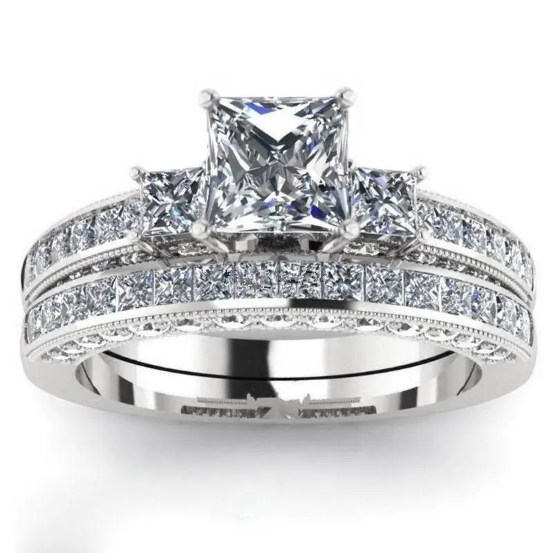 Fashion Geometric Square Three Stone Couple Ring Set Silver‑Tone Stackable Bands With Side Paved Zircon Sparkling Bridal Finger Jewelry Great For Engagement Wedding Ceremony Dating Couple Birthday Gift