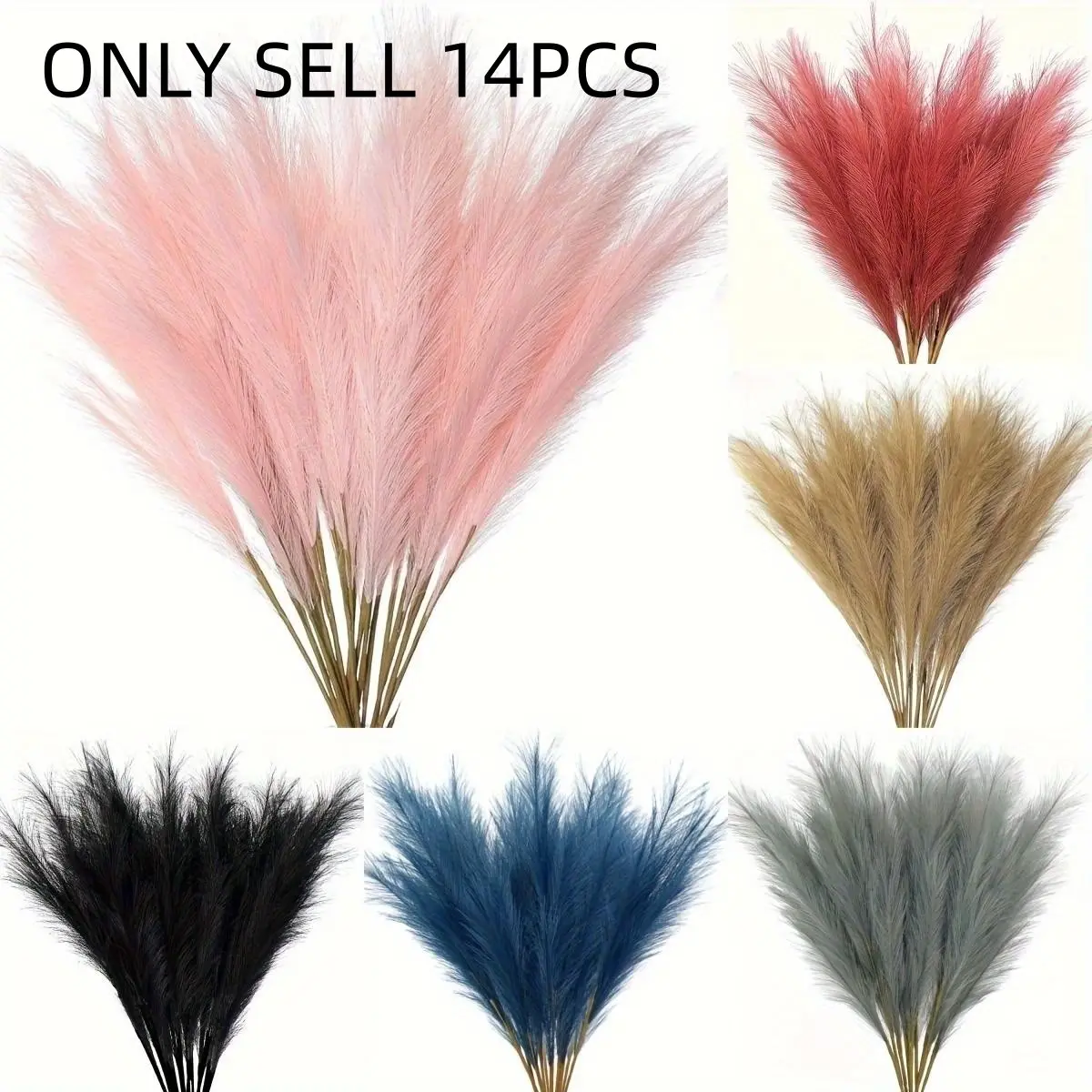 14pcs Artificial Pampas Grass, Faux Pampas Grass, Tall Artificial Plush Grass, Large Fake Pom Pom Branch Plant Floor Vase Filler Artificial Flower Arrangements Home Kitchen Bohemia Decoration