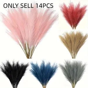 14pcs Artificial Pampas Grass, Faux Pampas Grass, Tall Artificial Plush Grass, Large Fake Pom Pom Branch Plant Floor Vase Filler Artificial Flower Arrangements Home Kitchen Bohemia Decoration