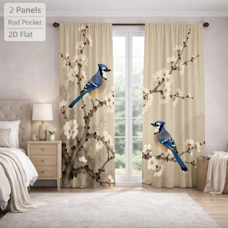2Pcs Japanese Style Blue Jay Bird Plum Blossom Floral Curtains Digital Printed Rod Pocket, Window Treatment For Bedroom Office Kitchen Living Room Study Home Decor