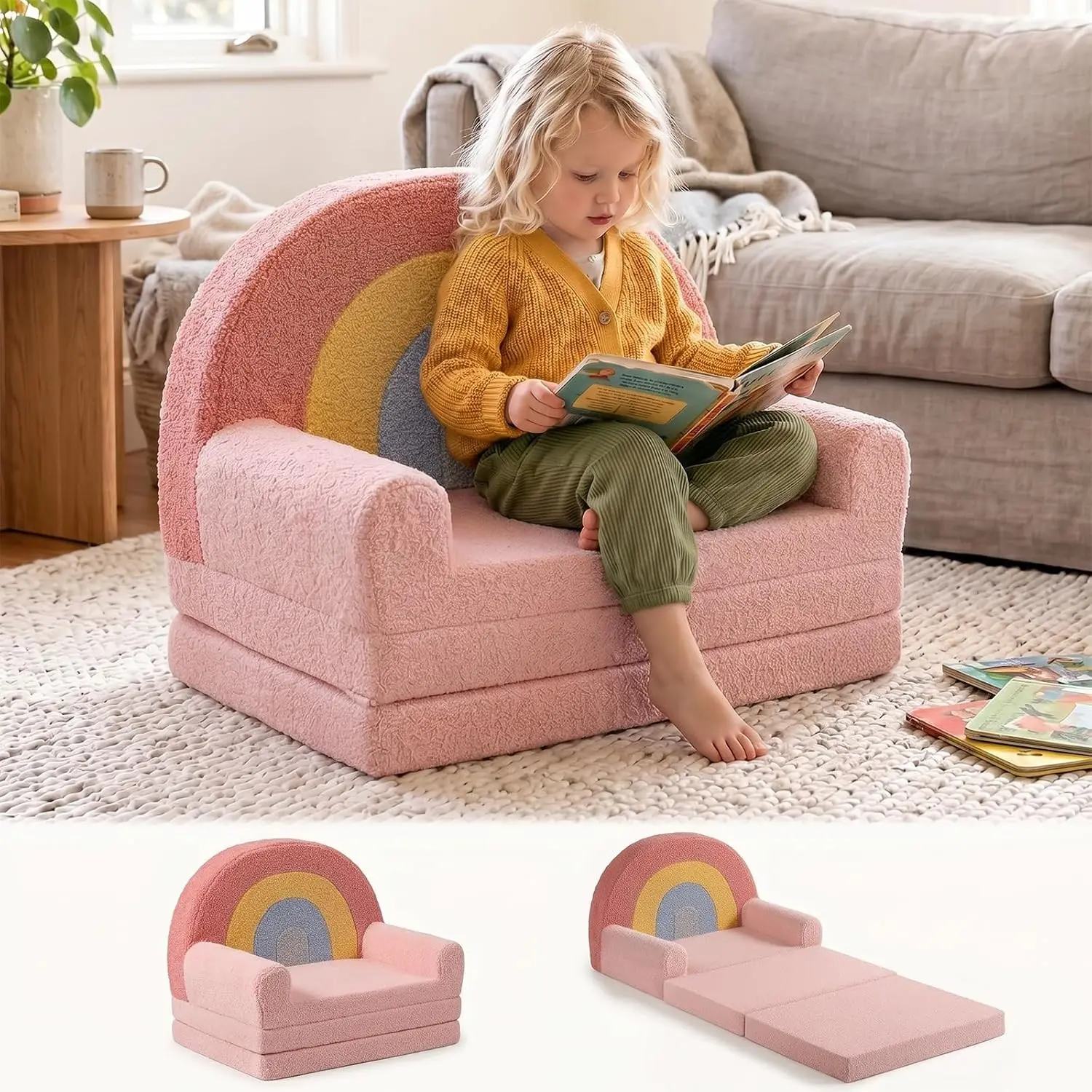 Extra Wide Soft Kids Couch Fold Out, 2-in-1 Kids Couch, Convertible Kid Sofa, Kid Furniture for Playroom, Ideal Gifts for Boys & Girls Ages 3+, Pink