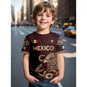 Kids Mexico Graphic T Shirt, Boys Girls Mexican Pride Eagle Snake Tee, Burgundy Gold Short Sleeve Crewneck Top, Youth Soccer Fan Summer Outfit, Mexico Flag Aztec Print Shirt for Children Toddlers Vacation Game Day School Casual Wear Gift Everyday