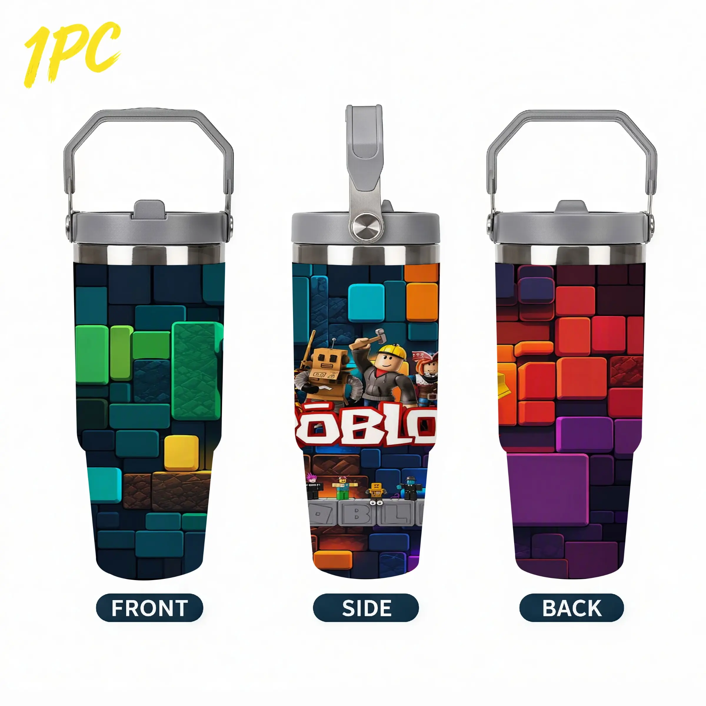 1PC Roblox Game Character Colorful Building Blocks 30oz 900ml 304 Stainless Steel Handle Flip‑Lid Tumbler, Full Wrap Sublimation Print