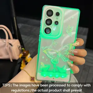 Voice-controlled luminous pink large butterfly phone case, Smartphone, personalized unique call light design, for Samsung Galaxy S24/S24U/S26Plus/A35/A55, protective case, unique design suitable for daily use