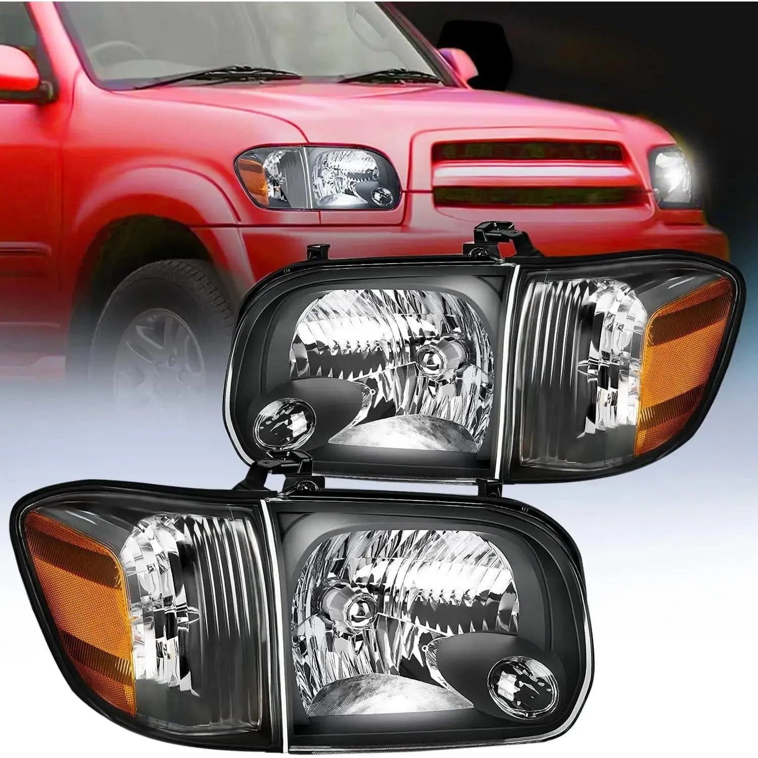 Nilight Headlight Assembly for 2005-2006 Toyota Tundra 4-Door Double Crew Cab & 2005-2007 Sequoia Pickup, Black Case, Amber Reflector, Waterproof, Dustproof, DOT Compliant, Plug & Play, 15 Mins Install, Beam Angle Adjustable, OEM & Performance Part, Uv Re