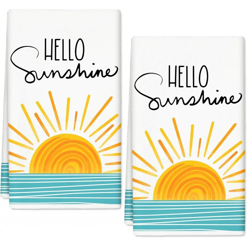 Summer kitchen towels, 16 x 24 inches, Hello Sunshine pattern dish towels, sunrise and ocean pattern hand towels, tea towels, cooking and baking cloths, Hawaiian party home kitchen supplies, 2-pack.