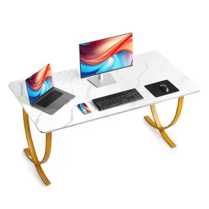 VEVOR Executive Desk, 63" Wx 31.5" D Large Office Desk, Modern Computer Table Conference Meeting Room Table, Business Furniture Enlarged Desktop for Home Office, White and Gold