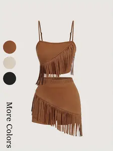 Women's fringe halter top and shorts set, two-piece, with fringe details in a vintage retro western style outfit. The fringe halter top and shorts two-piece set is perfect for music festivals, date nights, clubs, performances, parties, and galas