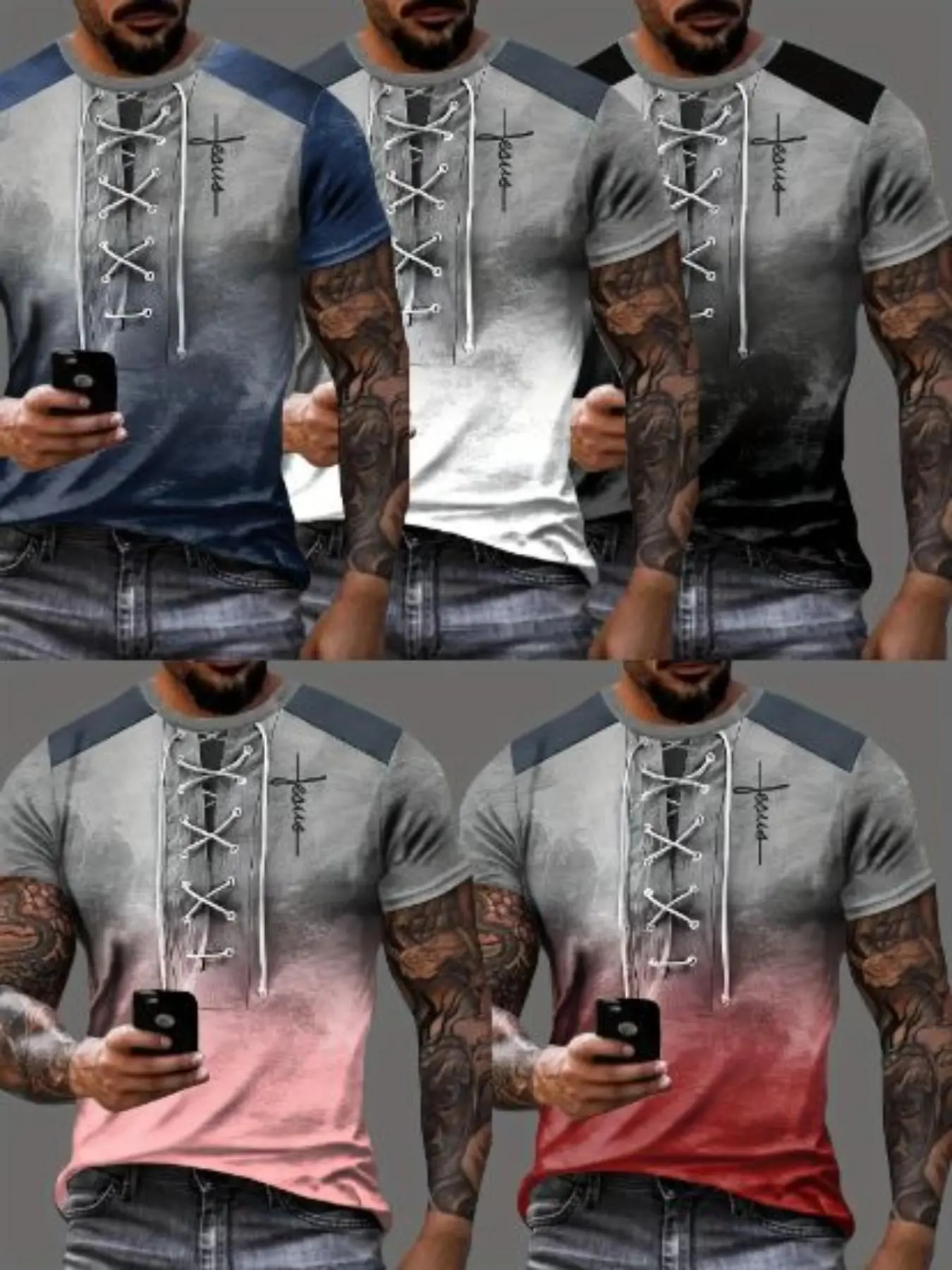 5-Pack Men's Gradient Rope Henry Print Classic Streetwear T-Shirts, Short Sleeve, Round Neck, Casual Printed Casual Summer Outdoor Wear, Elastic Fabric, Regular Fit, Adult Size