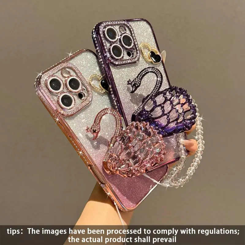 Glitter Swan Stand Phone Case with Bracelet, Shockproof iPhone 17pro Max 16pro Max 15 14 13 12 11, Protective Smartphone Cover, Casing, Accessories, Glitter Finish