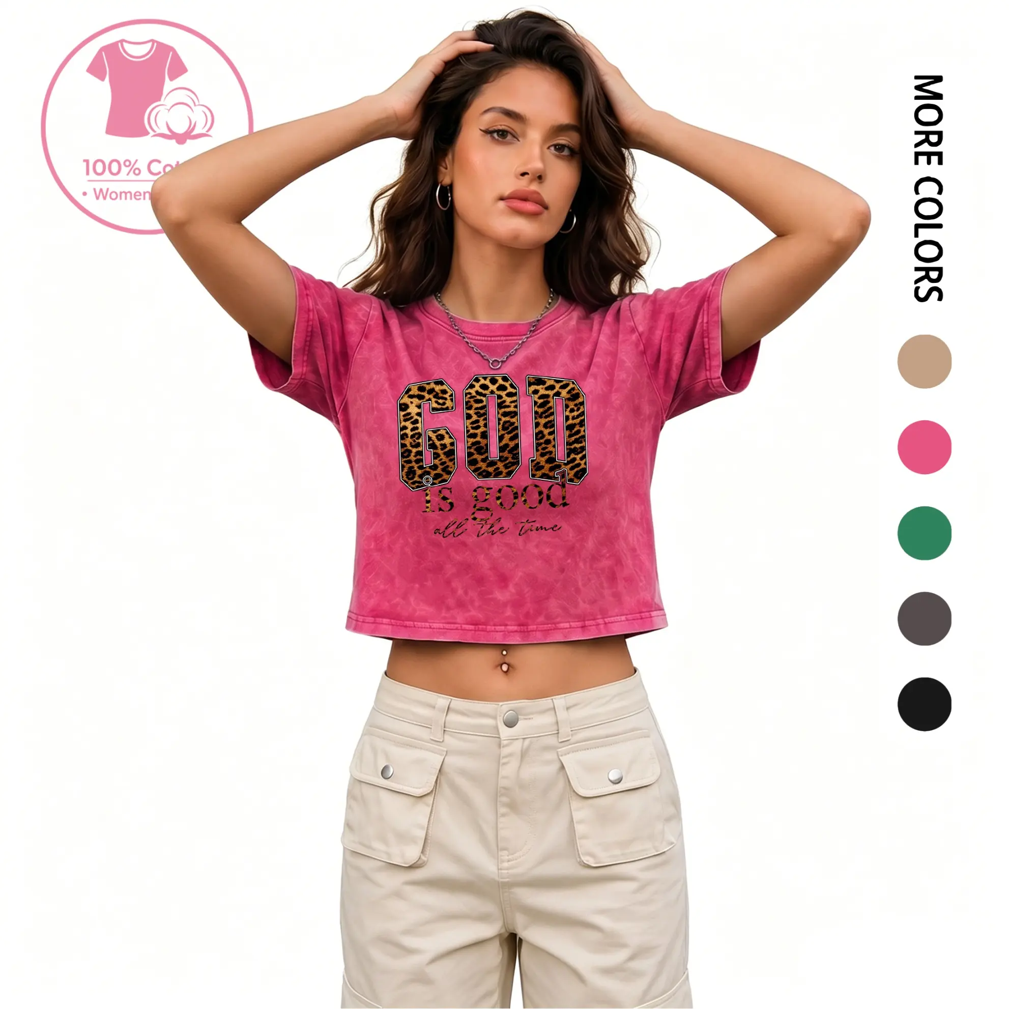 Women’s Vintage Washed “GOD IS GOOD” Leopard Print Graphic Cropped Tee, 100% Cotton Streetwear Summer Slim Fit Casual Crop Top Shirt