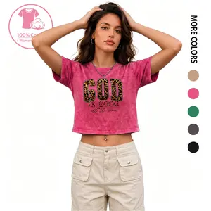 Women’s Vintage Washed “GOD IS GOOD” Leopard Print Graphic Cropped Tee, 100% Cotton Streetwear Summer Slim Fit Casual Crop Top Shirt