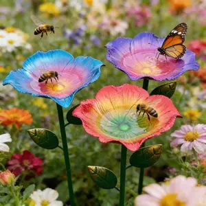 3 Pack Bee Watering Station, Metal Butterfly Bee Water Feeder Cup, Garden Stake, Vivid Flower Butterfly Bath Bowl, Outdoor Garden Yard Decor