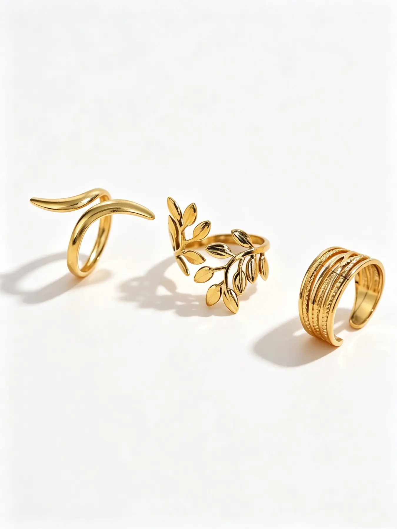 3 Pcs Fashion Stainless Steel Rings, Simple Open Ring, Leaf Shape, Stackable, Unisex, Adjustable, Non-Tarnish, Elegant Design
