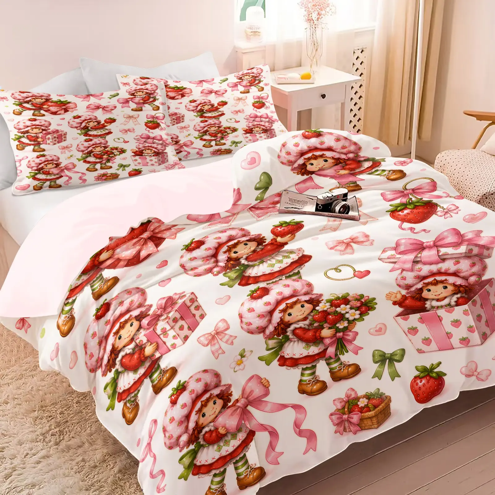 Cute Strawberry Shortcake Girl Duvet Cover Set (1 Duvet Cover + 1-2 Pillowcases), Soft Skin-Friendly Breathable Fabric, HD Digital Print, Sweet Pink Bow Strawberry Cartoon Bedding, Decor for Bedroom & Dorm Girls Room