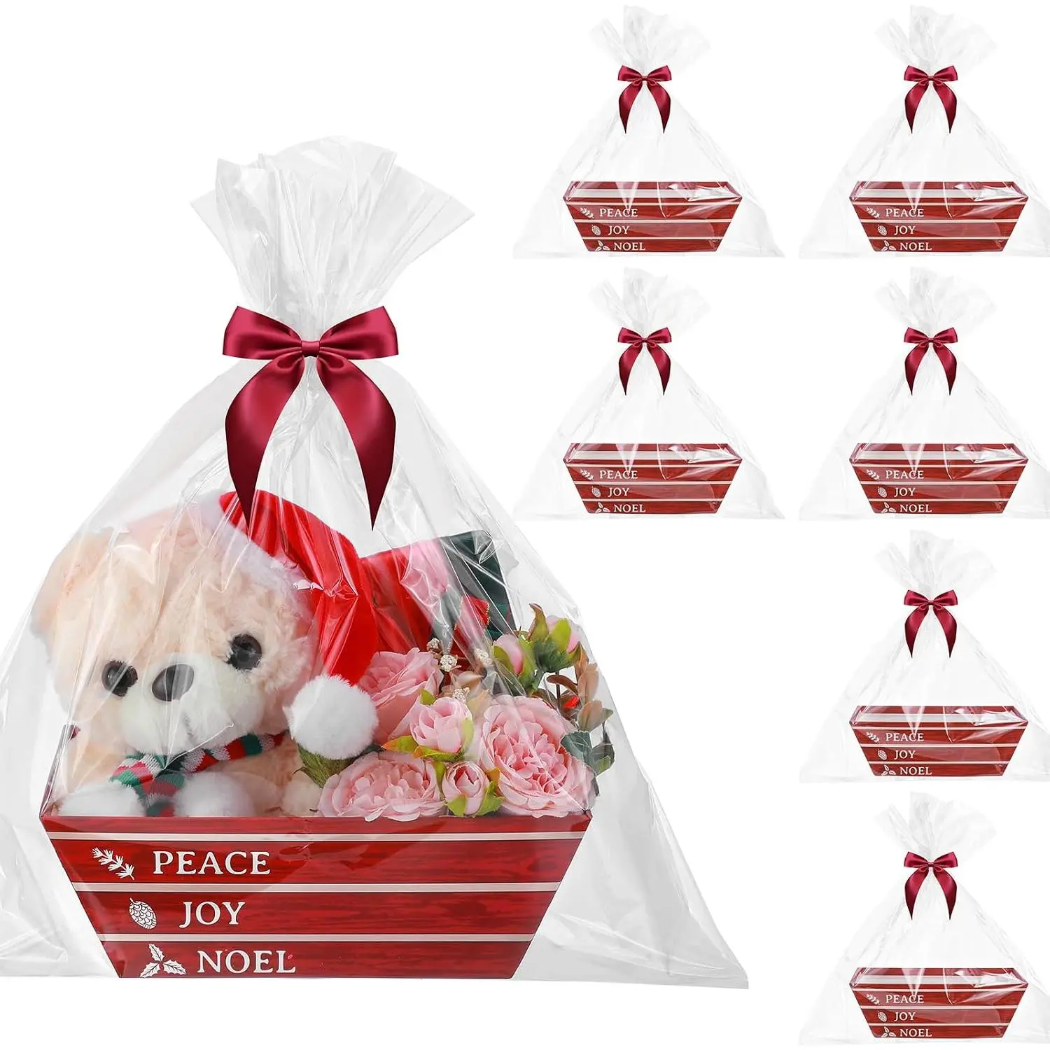 6 Pack Christmas Baskets for Gifts Empty Christmas Baskets with Bags Bows Ribbons Bulk DIY  Basket Box Trays with Handles for Xmas Holiday Birthday Party Favors(Christmas greetings)