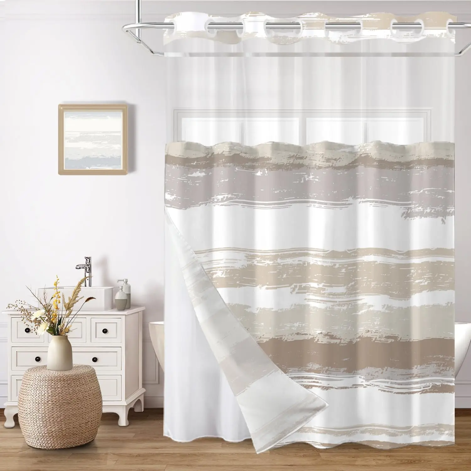 Hotel-Style Brown & White Striped No-Hook Shower Curtain & Liner Set, 71x74 in, Minimalist Waterproof Print Design with Snap-In Liner, Mesh Top Window, Easy Installation & Lightweight Feel, Iron