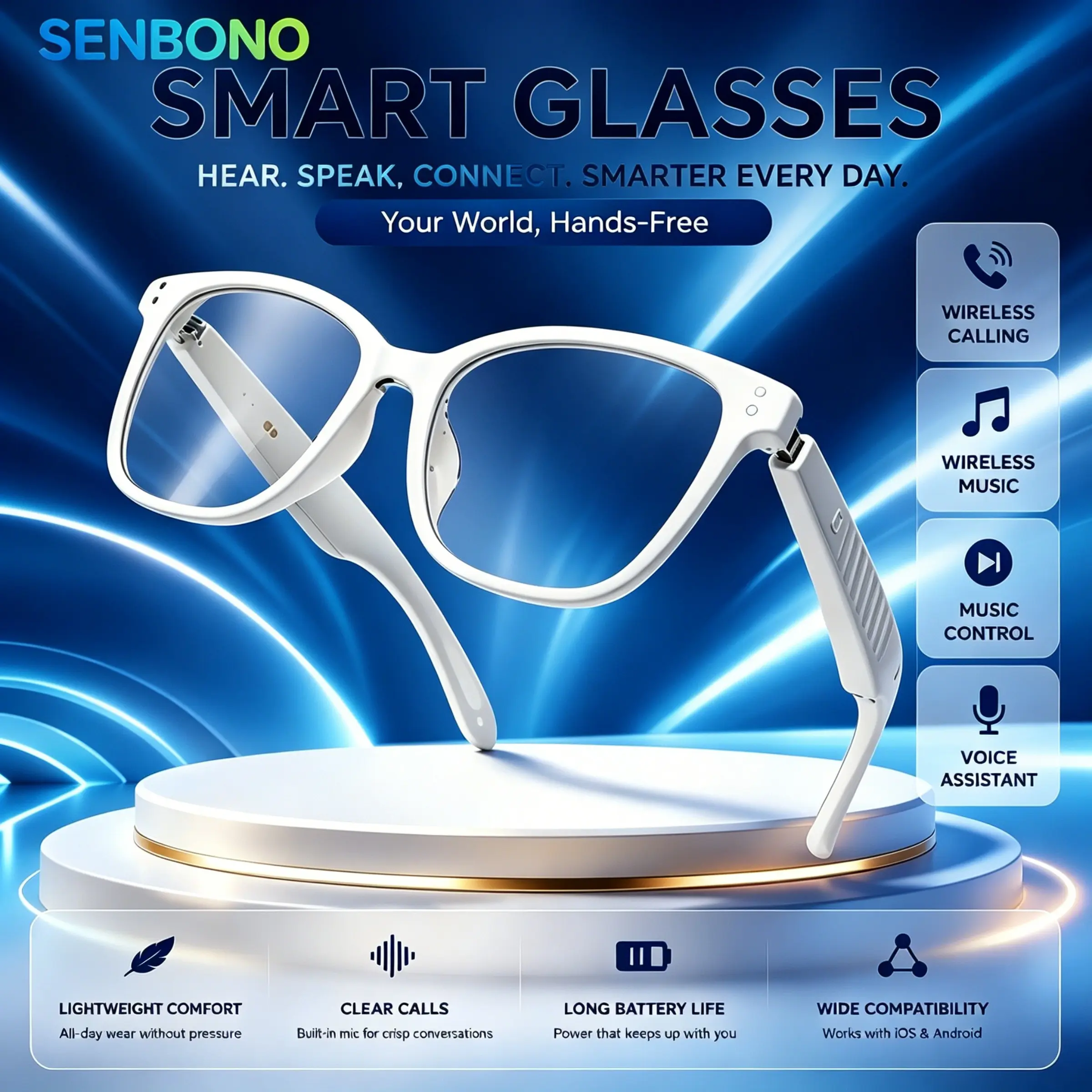 Ladies' fashionable style glasses, white frame design, audio glasses, wake-up voice assistant, wireless calling, listening to music, connecting to APP recording function, sunglasses, language translation, playback control, ideal gift for girlfriends.