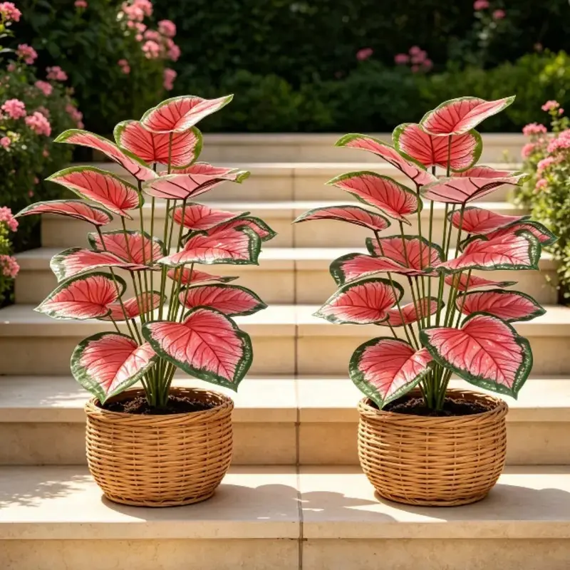 2-Pack Artificial Colorful Elephant Ear Plant, 63cm Tall, 12 Leaves, Heart-Shaped Leaf, No Pot, Tropical Decor for Home, Wedding, Floral Arrangements