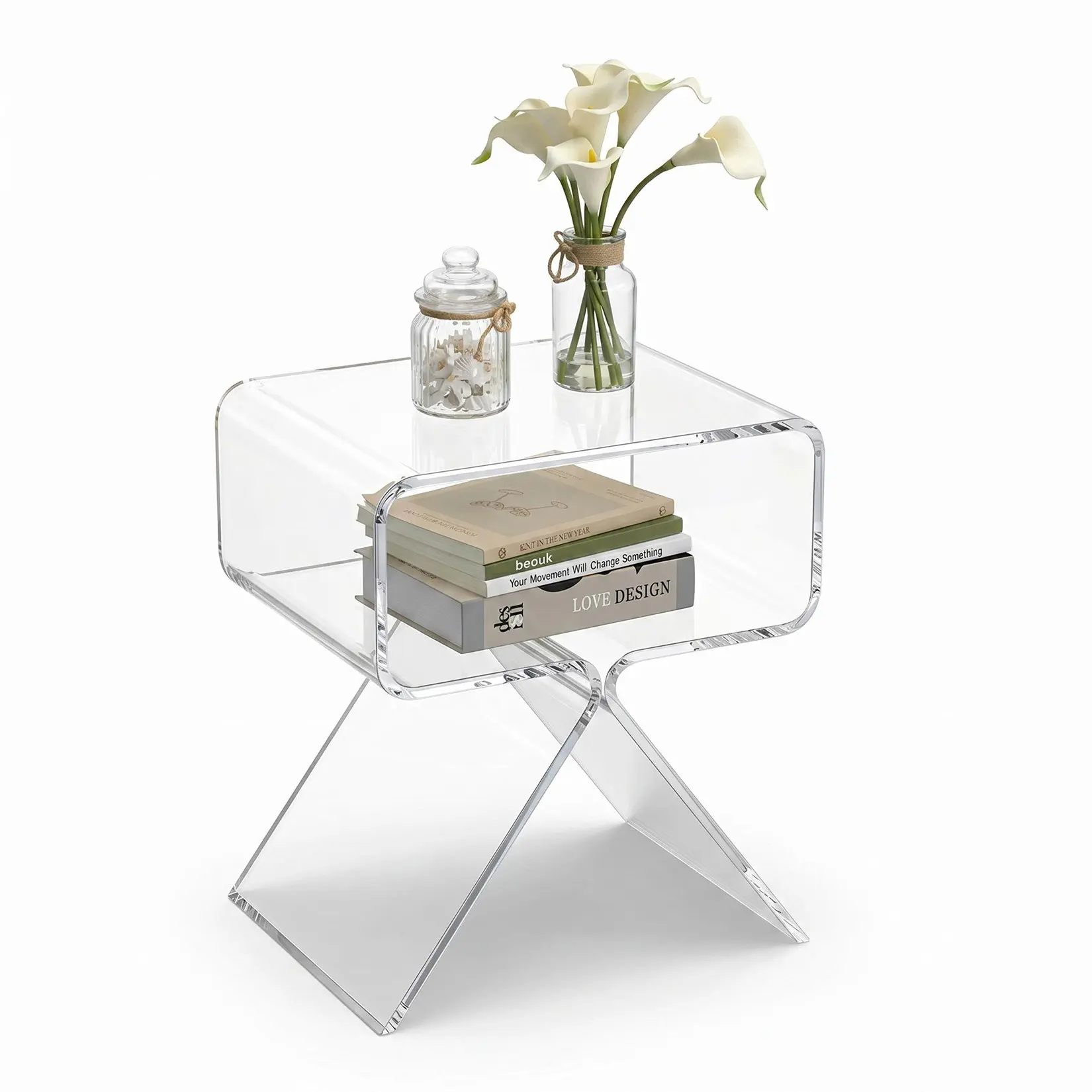 Modern One-Piece Acrylic Side Table with Storage Slot, Transparent End Table with X-Shaped Base, Minimalist Bedside Nightstand, Clear