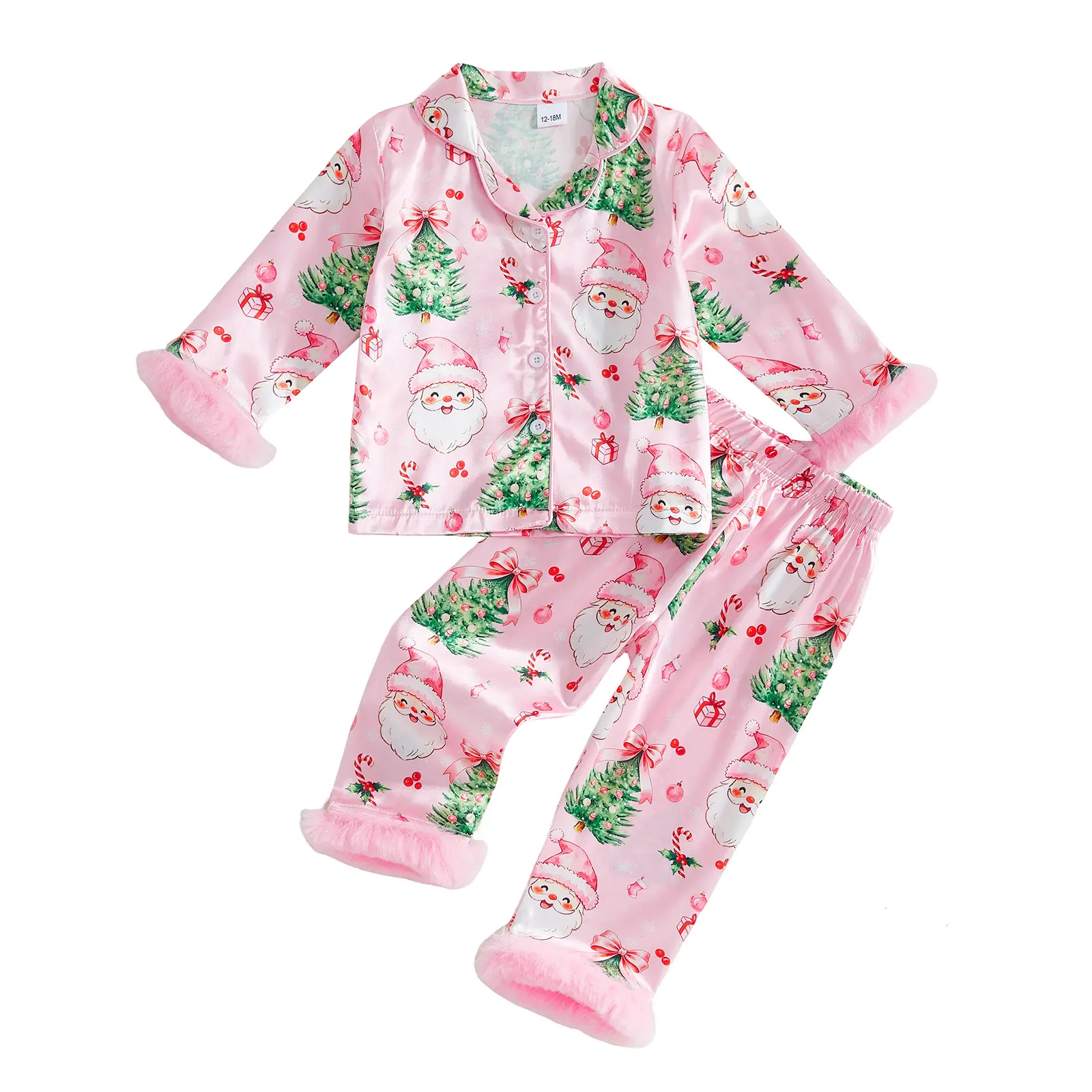 Meihuida Toddler Baby Girl Christmas Satin Pajamas Feather Trim Long Sleeve Christmas Tree Print Button Down Shirt Long Pants 2PCS Pjs Sleepwear Lounge Sets