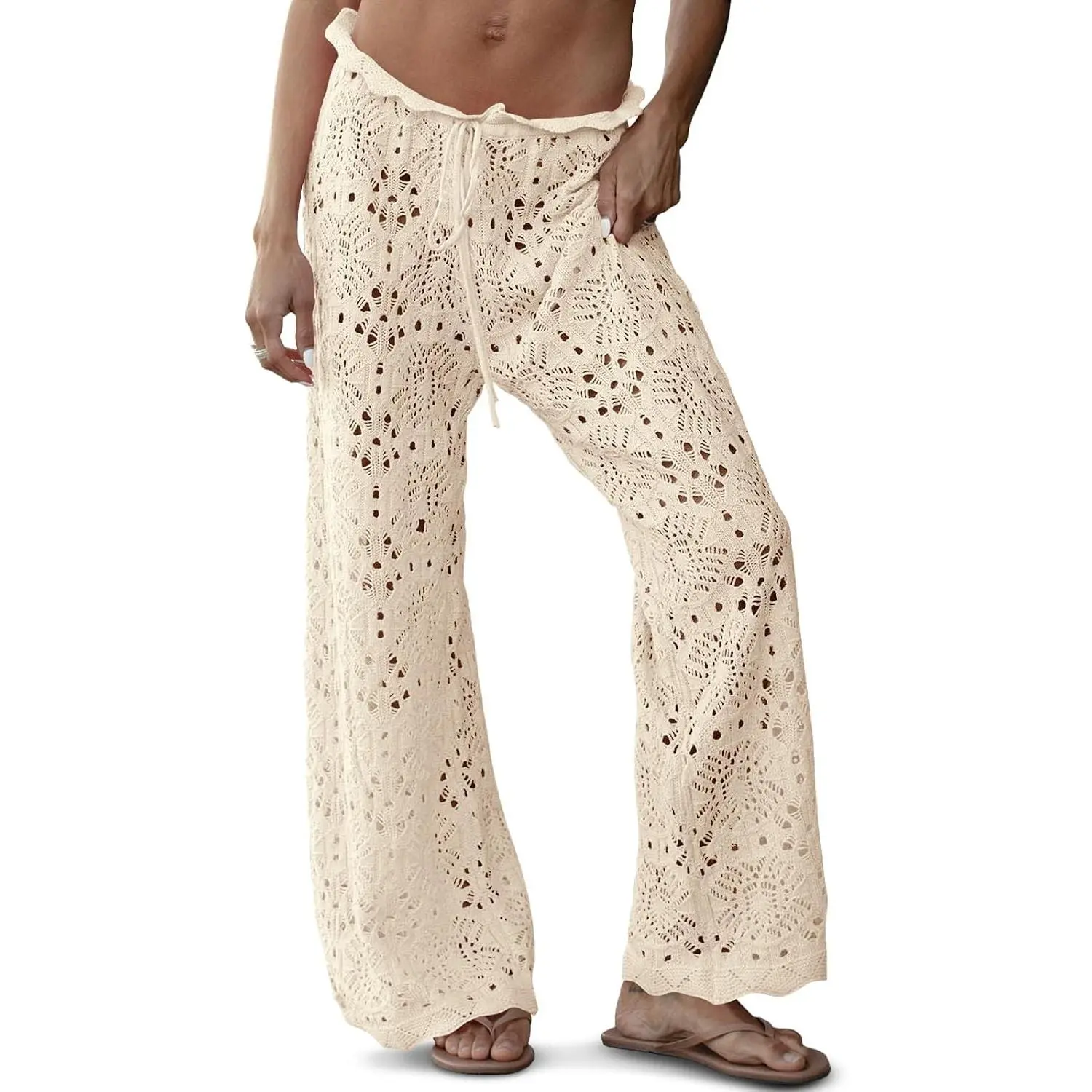 Women's Crochet Swim Cover Up Pants High Waisted Drawstring Sexy Sheer Mesh Knit Wide Leg Beach Pants(Gift)