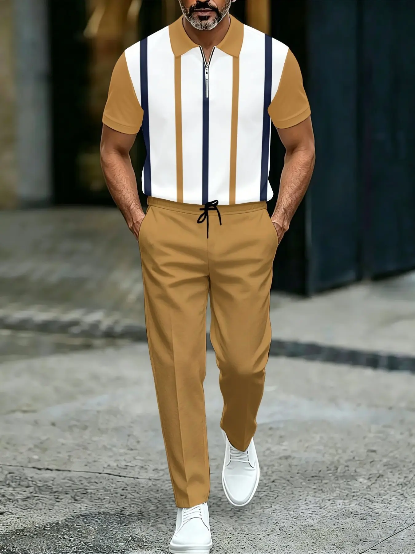 Men's polo short sleeved and long pants two-piece set, featuring geometric line printing elements and a simple and atmospheric style