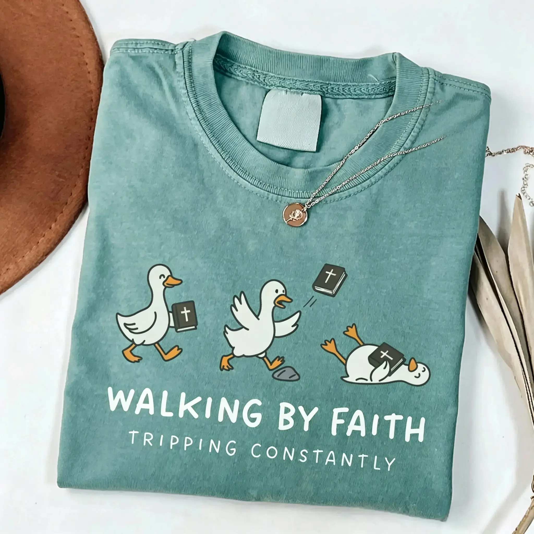 Women's Fitted Round Neck Short-Sleeve Christian T-Shirt - Funny "Walking By Faith Tripping Constantly" Goose Bible Verse Top, Religious Humor Gift For Friends, T Shirts For Women