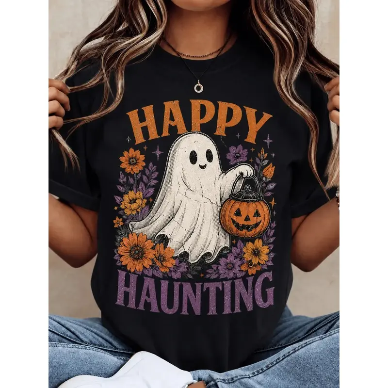 Women's Halloween T-Shirt, Casual Short Sleeve Graphic Top with Happy Haunting Ghost and Pumpkin Print for Parties, Graphics, Shortsleeve, Tops