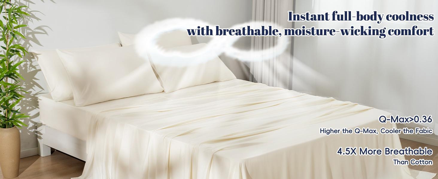 PHF 6PCS 100% Rayon Derived from Bamboo_ Sheets Set Queen Size, Cooling Sheets for Hot Sleepers, Wider Elastic Band & 16" Deep, Luxury Soft Breathable Bedding Set & Pillowcase, Natural