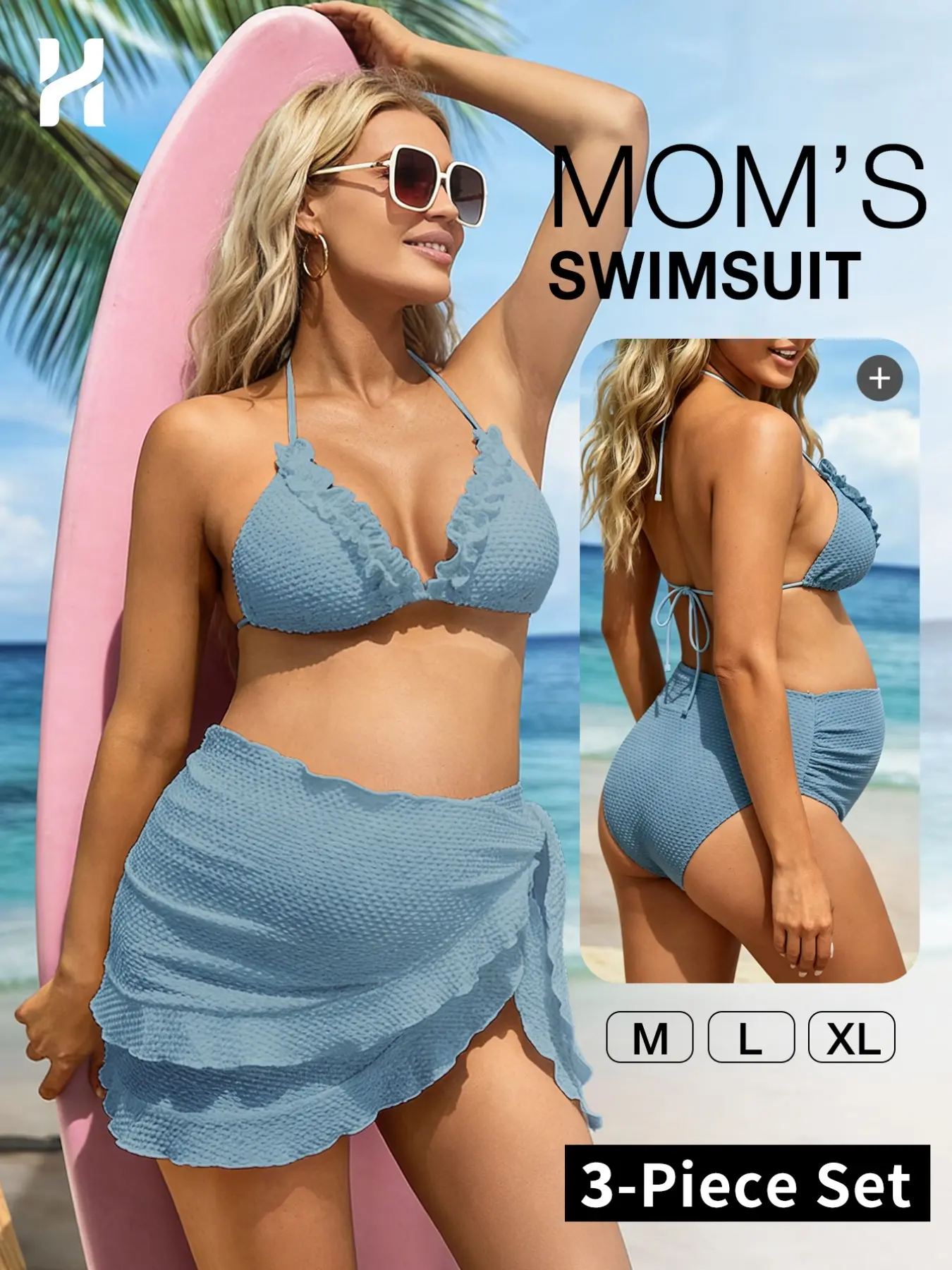 Three-Piece Split Pregnant Bikini Swimsuit, Halter Top + High-Waist Swim Trunk + Ruffle Beach Skirt, Elegant Wave Print Design
