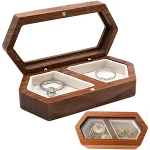 Ring Box for Wedding Ceremony, Wooden Ring Bearer Box, Velvet Ring Box for Propsal, Jewelry Display Box for 2 Wedding Rings, Valentine Gift Box