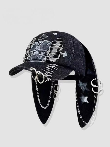 Unisex Wasteland Style Bunny Ear Baseball Cap, Adjustable Snapback Cap, Punk Denim Trucker Hat with Chain, Streetwear Hip Hop Costume for Halloween Party